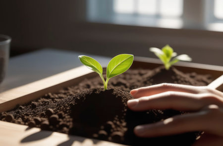 Tomatoes seedlings on a gray background. Young tomato pepper basilic sprouts in pots. The concept of organic food, farmer's vegetables and health.の素材