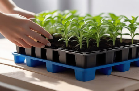 Tomatoes seedlings on a gray background. Young tomato pepper basilic sprouts in pots. The concept of organic food, farmer's vegetables and health.の素材