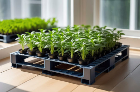 Tomatoes seedlings on a gray background. Young tomato pepper basilic sprouts in pots. The concept of organic food, farmer's vegetables and health.の素材
