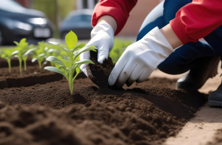 A woman's gloved hands planted seedlings of tomatoes, basil peppers against the backdrop of a garden bed. The concept of organic food, farmer's vegetables and health.の素材
