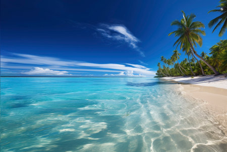 Tropical exotic sunny sand beach with palms and clear blue water. Holidays bannerの素材