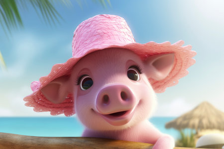 Summer card with happy cute pig piglet in summer straw hat on a beach. Holidays, summer and celebration conceptの素材