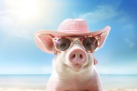 Summer card with happy cute pig piglet in summer straw hat and sunglasses on a beach. Holidays, summer and celebration conceptの素材