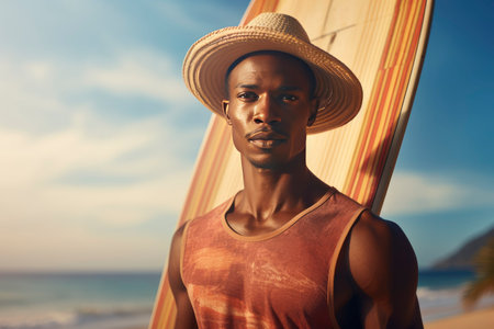 Portrait of beautiful african darkskin man holding sup board at sunset. Stand up paddle boarding outdoor active recreation in nature.の素材