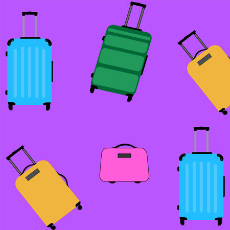 Pattern of colors icon wheeled travel bag with hand. Plastic travel suitcase isolated on color background.のイラスト素材