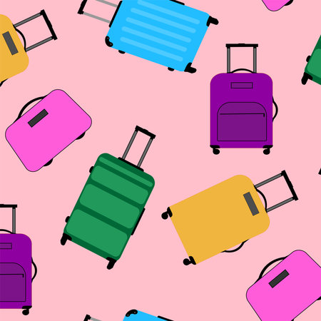 Pattern of colors icon wheeled travel bag with hand. Plastic travel suitcase isolated on color background.のイラスト素材