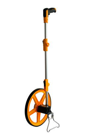 Distance measuring wheel device. Measuring wheel tool for calculating distance isolated on white backgroundの写真素材