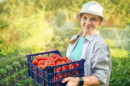 Caucasian girl holding tomatoes in her hands. Harvest fresh raw vegetablesの写真素材