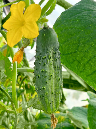 Young ripe growing cucumber in a home gardenの写真素材