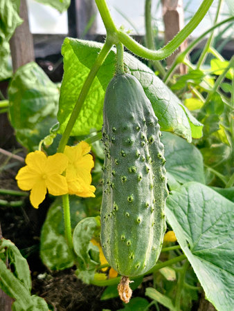 Young ripe growing cucumber in a home gardenの写真素材