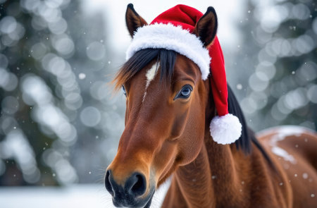 Cute horse in Santa Claus hat on winter forest backgroundの素材