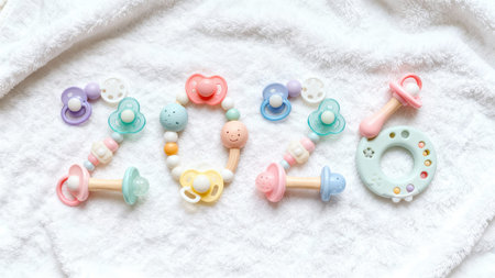 Pastel pacifiers, rattles, and a teether arranged in the shape of 2026 on a fluffy white towel; soft daylight, a gentle palette, and clean copy space - newborn and New Year theme.の素材
