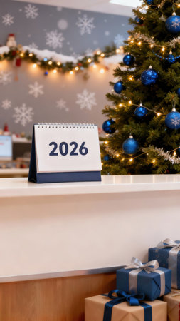 Desk calendar showing 2026 on a white counter, warm light and soft bokeh as blue ornaments glow on a Christmas tree in a modern cozy office, clean copy space Holiday retail, marketing, New Yearの素材