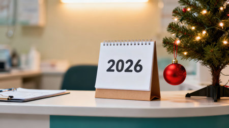 Desk calendar showing 2026 on a white counter, warm light and soft bokeh as blue ornaments glow on a Christmas tree in a modern cozy office, clean copy space Holiday retail, marketing, New Yearの素材