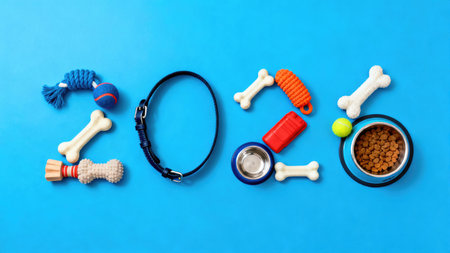 Colorful dog toys forming 2026 arranged in a flat lay on blue, playful mood with bones, rope ring, collar, ball and bowl under crisp light for holiday campaigns pet retail, ecommerce, New Yearの素材