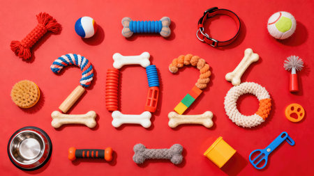 Colorful dog toys forming 2026 arranged in a flat lay on vivid red, playful mood with bones, rope ring, collar, ball and bowl under crisp light for holiday campaigns pet retail, ecommerce, New Yearの素材