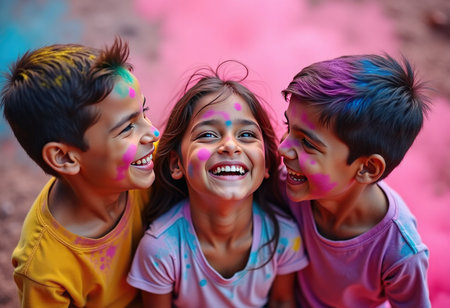Holi festival. Indian boys and girls, laugh, enjoy the festivities, and look at each other. Their light clothing, T-shirts and shirts, are covered in colorful powders. Their faces, hair, and hands are smeared with bright colors. The air around them is filled with blurred clouds of colored powder-pink, yellow, blue, and purple hues, creating a sense of movement and celebration.の素材