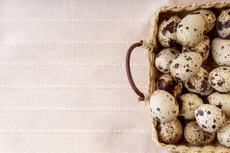 Quail egg in basket on fabric texture. Quail eggs in rustic style. Happy easter concept. Healthy...