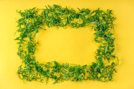 Frame made of fresh arugula leaves on yellow surface. Ingredients for vegetable salad. Healthy eating, creative food concept. Flat lay, top view. Vegetable compositionの写真素材