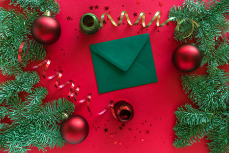 Merry Christmas happy New Year concept. Christmas composition. Christmas letter, baubles, fir tree...