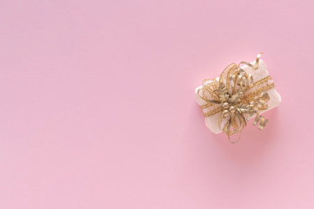 Homemade christmas decoration on pastel pink background. Christmas or New Year 2021 minimal concept. View from above, flat layの写真素材