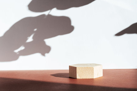 Organic leaves natural shadow overlay effect on white and brown background for cosmetic product display and presentation. Podium for eco natural cosmetics concept. Showcase for beauty productsの写真素材