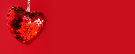 Valentines day banner. Hanging red sequins valentine heart on red background. Festive romantic...