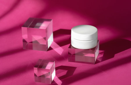 Body cream blank cosmetic mock up on transparent solid blocks with shadows and reflection. Jar of...