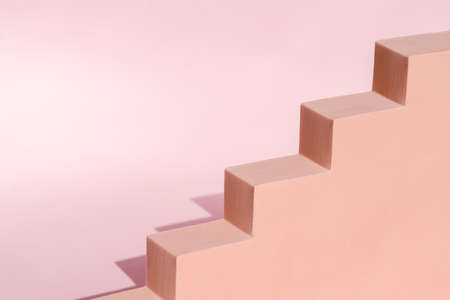 Product stand with geometrical form, stair or staircase with shadow. Cosmetic background. Showcase mockup. Modern design, pastel color backdrop. Art deco concept. Copy space..の写真素材