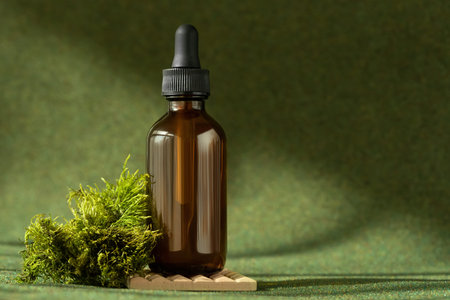 Cosmetic serum bottle with pipette on green natural background with shadows. Product presentation,...