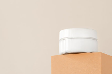 Product presentation, cosmetics brand, lotion, peptide, collagen, hyaluronic acid in white plastic jar podium pedestal showcase. Cream beauty skincare cosmetic mockup. Minimal template, low angle viewの写真素材