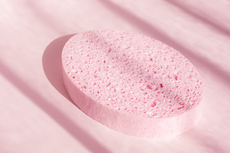Bath sponge on pink shadow background. Oval spa shower scrub accessory. Skin care and wellness conceptの写真素材