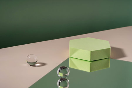 Acrylic ribbed plate, hexagon podium, background for cosmetic product packaging on green backdrop....