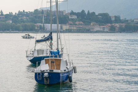 Motor boat at mountain lake Como in Italy landscape mountains background .の写真素材