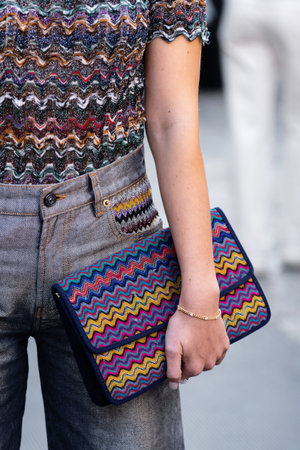 Milan, Italy - September, 23, 2022: woman wearing shoulder bag from Missoni, street style outfit detailsのeditorial素材