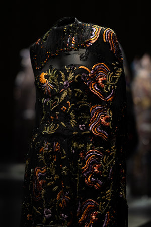 Italy, Milan - 04 December, 2022: Permanent exhibition space with luxury dresses and costumes. Armani Silos, the fashion art space in Milan dedicated to the Armani style. Collection of vintage dress.のeditorial素材