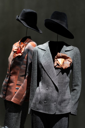 Italy, Milan - 04 December, 2022: Permanent exhibition space with luxury dresses and costumes. Armani Silos, the fashion art space in Milan dedicated to the Armani style. Women collection.のeditorial素材