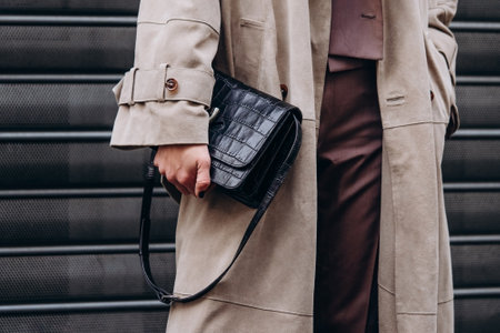 Paris, France - October, 3, 2021: woman wears black shoulder bag, street style detailsのeditorial素材
