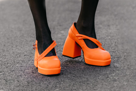 Milan, Italy - February, 23, 2022: woman wears orange high heel shoes, street style detailsのeditorial素材