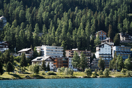 St Moritz, Switzerland - June, 25, 2023: Town side view in summer in Sankt Moritz St. Moritz, Swiss Alps in German: Sankt Moritz, Italian: San Maurizio, Switzerland, famous winter and summer resortのeditorial素材