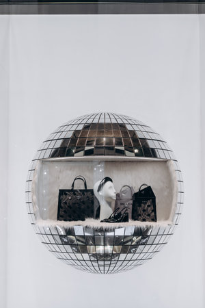Milan, Italy - November, 13, 2021: Facade of fashion clothing store Prada, selling clothing dresses shoes, accessories. Luxury store apparelのeditorial素材