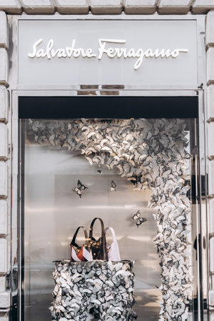 Milan, Italy - November, 13, 2021: Facade of fashion clothing store Salvatore Ferragamo, selling clothing dresses shoes, accessories. Luxury store apparelのeditorial素材