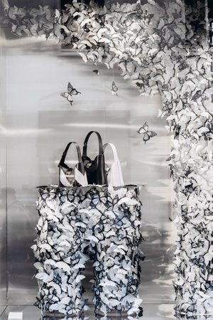 Milan, Italy - November, 13, 2021: Facade of fashion clothing store Salvatore Ferragamo, selling clothing dresses shoes, accessories. Luxury store apparelのeditorial素材