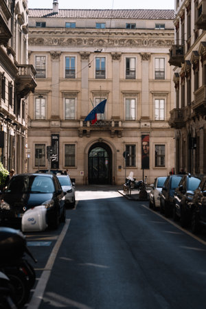Milan, Italy - March, 25, 2023: People walking in streets of historical part of Milan, vertical viewのeditorial素材