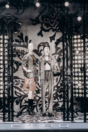 Milan, Italy - November, 13, 2021: Facade of fashion clothing store Etro, selling clothing dresses shoes, accessories. Luxury store apparelのeditorial素材