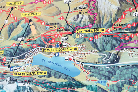 Switzerland, St.Moritz - June 6, 2023: St Moritz Part of the physical map in Saint Moritz mountain...