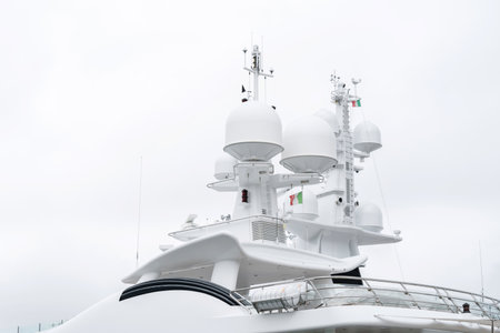 La Spezia, Italy - May, 18, 2021: Upper part of luxury private white motor yacht on sky backgroundのeditorial素材
