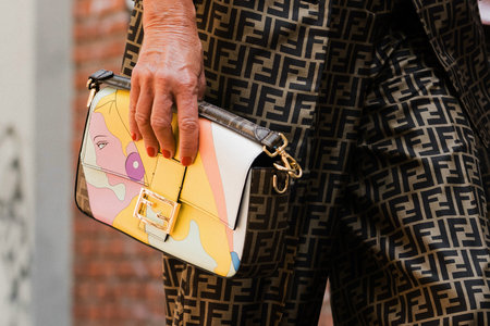 Milan, Italy - June, 18, 2022: woman wears medium Baguette bag with fashion illustration on it,...