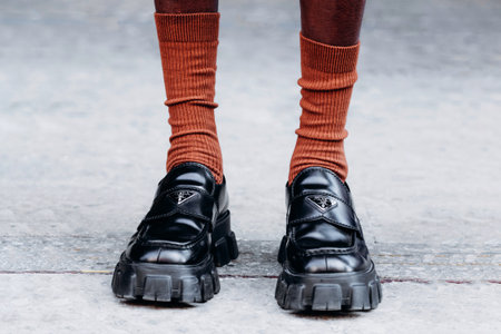 Milan, Italy - January 16, 2023: man wearing Prada mocassini. Fashion blogger outfit details, street styleのeditorial素材
