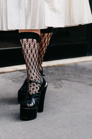 Milan, Italy - June 25, 2022: woman wearing Gucci high heels. Fashion blogger outfit details, street styleのeditorial素材